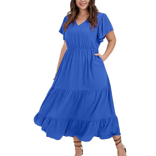 Kleider Damen Sommer Große Größen Lang Sommerkleid Damen Boho Elegant V Ausschnitt Maxikleid Kurzarm A Linie Italienische Kleider Für Mollige Frauen Sommer Maxi Sommerkleider Leicht Und Luftig von ZRYAZQ