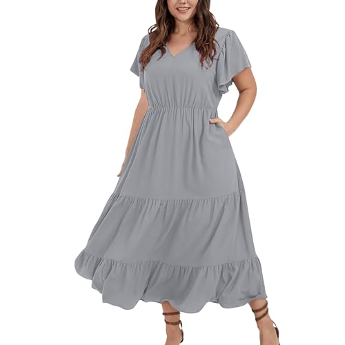 Kleider Damen Sommer Große Größen Lang Sommerkleid Damen Boho Elegant V Ausschnitt Maxikleid Kurzarm A Linie Italienische Kleider Für Mollige Frauen Sommer Maxi Sommerkleider Leicht Und Luftig von ZRYAZQ
