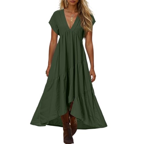 Kleider Damen Sommer Lang Boho Asymmetrisch Sommerkleid Damen Elegant V Ausschnitt Plissee Kleid A Linie Maxi Sommerkleider Leicht Und Luftig Maxikleid Sommer Kurzarm Leinenkleid Strandkleid von ZRYAZQ