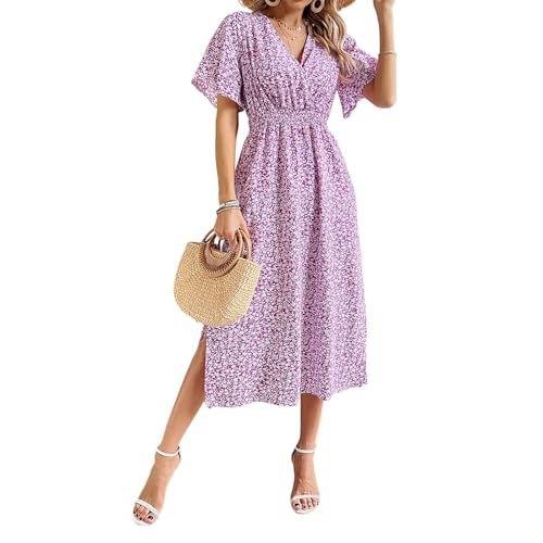Kleider Damen Sommer Lang Geblümt Italienische Sommerkleid Damen Midi A Linie mit Schlitz Sommerkleider Leicht Und Luftig Midikleid Blumen Boho Kleid V Ausschnitt Tailliert Blumenkleid Kurzarm von ZRYAZQ