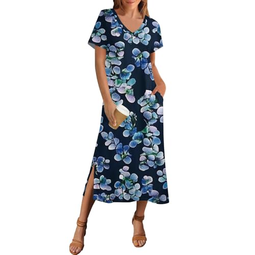 Kleider Damen Sommer Lang mit Schlitz Elegant Sommerkleid Damen V Ausschnitt A Linie Maxi Sommerkleider Leicht Und Luftig Blusenkleid Lang Blumen mit Taschen Maxikleid Frauen Sommer Kurzarm von ZRYAZQ