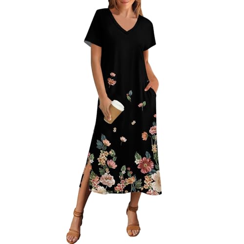 Kleider Damen Sommer Lang mit Schlitz Elegant Sommerkleid Damen V Ausschnitt A Linie Maxi Sommerkleider Leicht Und Luftig Blusenkleid Lang Blumen mit Taschen Maxikleid Frauen Sommer Kurzarm von ZRYAZQ