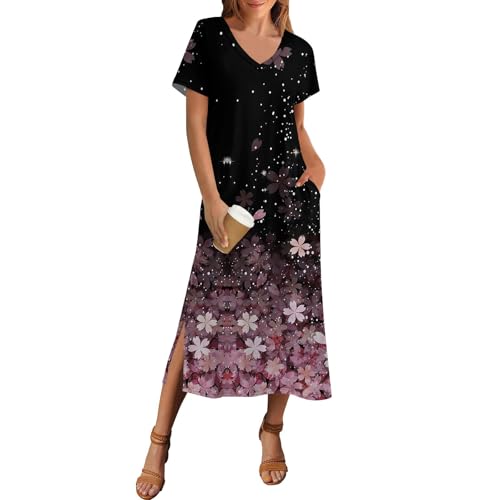 Kleider Damen Sommer Lang mit Schlitz Elegant Sommerkleid Damen V Ausschnitt A Linie Maxi Sommerkleider Leicht Und Luftig Blusenkleid Lang Blumen mit Taschen Maxikleid Frauen Sommer Kurzarm von ZRYAZQ