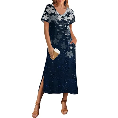 Kleider Damen Sommer Lang mit Schlitz Elegant Sommerkleid Damen V Ausschnitt A Linie Maxi Sommerkleider Leicht Und Luftig Blusenkleid Lang Blumen mit Taschen Maxikleid Frauen Sommer Kurzarm von ZRYAZQ