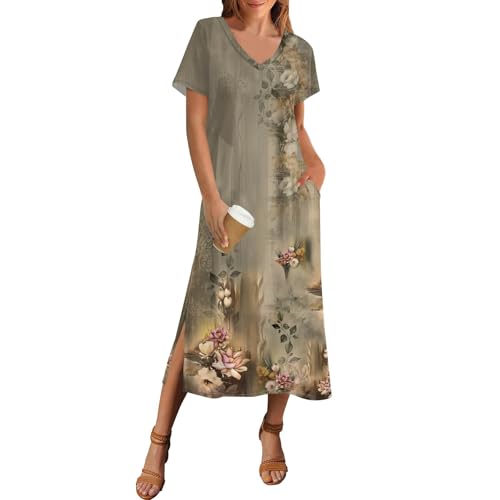 Kleider Damen Sommer Lang mit Schlitz Elegant Sommerkleid Damen V Ausschnitt A Linie Maxi Sommerkleider Leicht Und Luftig Blusenkleid Lang Blumen mit Taschen Maxikleid Frauen Sommer Kurzarm von ZRYAZQ