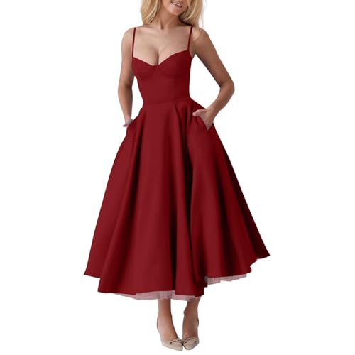 Korsett Kleid Damen Sommer Lang Trägerkleid Damen Midi Elegant A Linie Sommerkleid Blumen Spaghettiträger Sundress Corset Sommerkleider Leicht Und Luftig Midikleid Sommer mit Taschen Kleider von ZRYAZQ