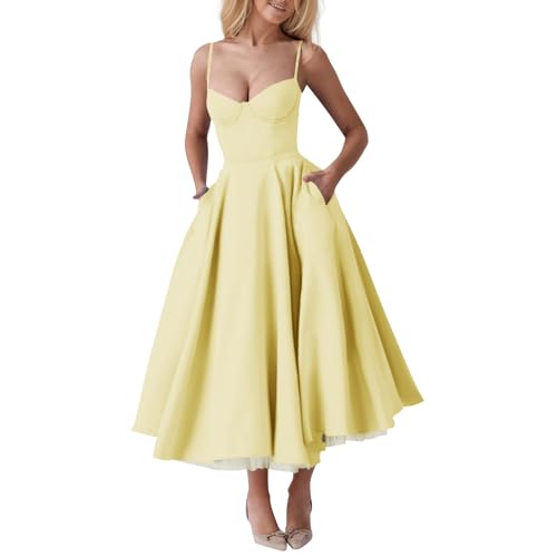Korsett Kleid Damen Sommer Lang Trägerkleid Damen Midi Elegant A Linie Sommerkleid Blumen Spaghettiträger Sundress Corset Sommerkleider Leicht Und Luftig Midikleid Sommer mit Taschen Kleider von ZRYAZQ
