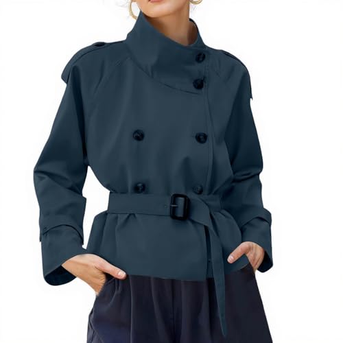 Kurzer Trenchcoat Damen Einfarbig Kurzmantel Übergang Elegant Mantel Damen Zweireihig mit Gürtel Trench Coat Kurz Stehkragen Windjacke Leicht Jacke mit Knöpfen Übergangsjacke Herbstjacke Casual von ZRYAZQ