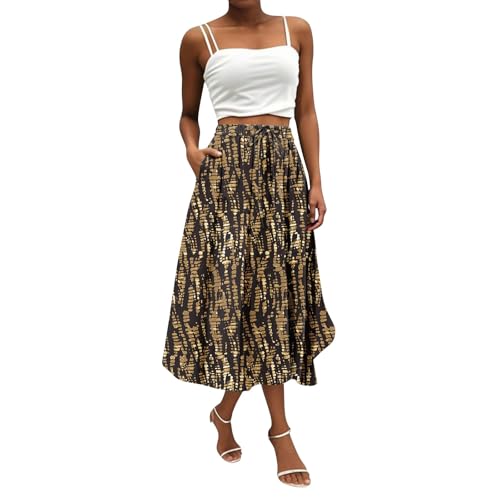 Langer Rock Damen Sommer Blumen Röcke Damen Sommer Midi A Linie Sommerrock Leicht und Luftig Skirt Lang Elegant Geblümt Damenrock Midirock mit Gummizug und Taschen Strandrock Skirts for Women von ZRYAZQ