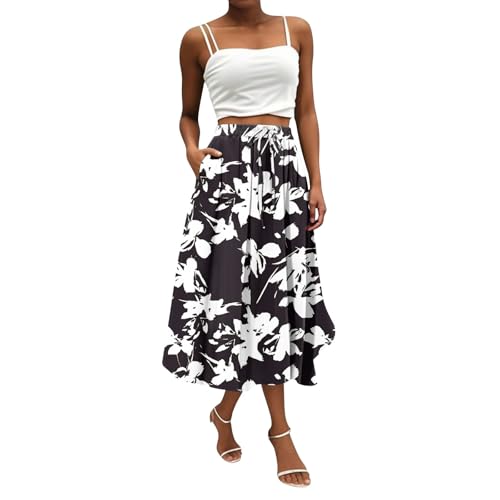 Langer Rock Damen Sommer Blumen Röcke Damen Sommer Midi A Linie Sommerrock Leicht und Luftig Skirt Lang Elegant Geblümt Damenrock Midirock mit Gummizug und Taschen Strandrock Skirts for Women von ZRYAZQ