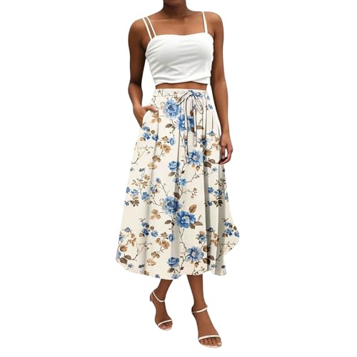 Langer Rock Damen Sommer Blumen Röcke Damen Sommer Midi A Linie Sommerrock Leicht und Luftig Skirt Lang Elegant Geblümt Damenrock Midirock mit Gummizug und Taschen Strandrock Skirts for Women von ZRYAZQ