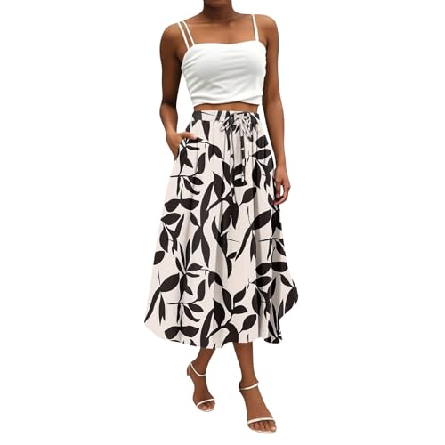 Langer Rock Damen Sommer Blumen Röcke Damen Sommer Midi A Linie Sommerrock Leicht und Luftig Skirt Lang Elegant Geblümt Damenrock Midirock mit Gummizug und Taschen Strandrock Skirts for Women von ZRYAZQ