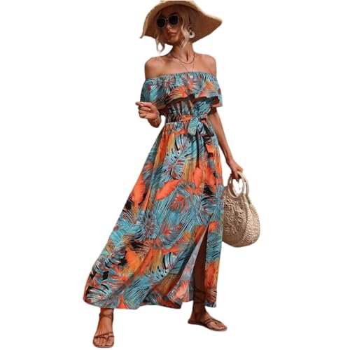 Langes Sommerkleid Damen Boho Elegant Blumen Strandkleid Damen Luftig Lang Schulterfrei Sommerkleider Leicht Und Luftig Maxi Italienische Kleider A Linie mit Schlitz Maxikleid Frauen mit Gürtel von ZRYAZQ