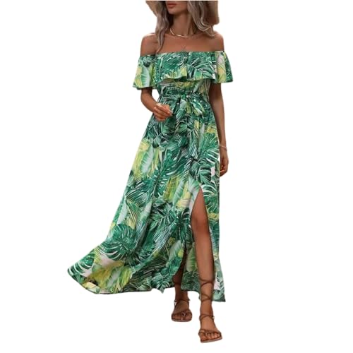 Langes Sommerkleid Damen Boho Elegant Blumen Strandkleid Damen Luftig Lang Schulterfrei Sommerkleider Leicht Und Luftig Maxi Italienische Kleider A Linie mit Schlitz Maxikleid Frauen mit Gürtel von ZRYAZQ