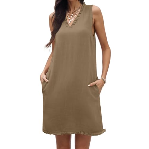 Leinenkleid Damen Sommer Kurz Ärmellos Sommerkleid Damen V Ausschnitt A Linie mit Taschen Sommerkleider Leicht Und Luftig Kleider Sommer Kurz Baumwolle Leinen Minikleid Frauen Elegant Quasten von ZRYAZQ