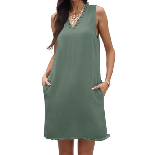 Leinenkleid Damen Sommer Kurz Ärmellos Sommerkleid Damen V Ausschnitt A Linie mit Taschen Sommerkleider Leicht Und Luftig Kleider Sommer Kurz Baumwolle Leinen Minikleid Frauen Elegant Quasten von ZRYAZQ