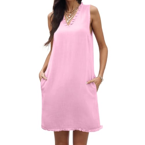 Leinenkleid Damen Sommer Kurz Ärmellos Sommerkleid Damen V Ausschnitt A Linie mit Taschen Sommerkleider Leicht Und Luftig Kleider Sommer Kurz Baumwolle Leinen Minikleid Frauen Elegant Quasten von ZRYAZQ