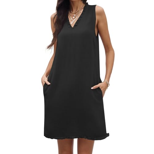 Leinenkleid Damen Sommer Kurz Ärmellos Sommerkleid Damen V Ausschnitt A Linie mit Taschen Sommerkleider Leicht Und Luftig Kleider Sommer Kurz Baumwolle Leinen Minikleid Frauen Elegant Quasten von ZRYAZQ