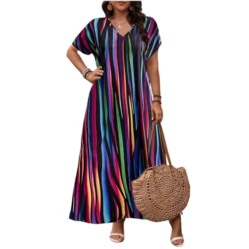 Maxikleider Große Größen Damen Sommer Gestreift Kleider Damen Mollig Sommer Lang A Linie Sommerkleid Maxi Bunt V Ausschnitt Boho Kleid üBergröße Elegant Streifen Sommerkleider Leicht und Luftig von ZRYAZQ