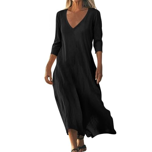 Maxikleider Sommer Damen 3/4 Ärmel A Linie Kleider Damen Sommer Lang Elegant V Ausschnitt Sommerkleid Maxi Baumwolle Leinen Kleid Sommerkleider Leicht Und Luftig Leinenkleid Frauen Freizeit von ZRYAZQ