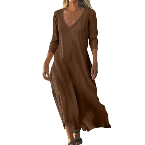 Maxikleider Sommer Damen 3/4 Ärmel A Linie Kleider Damen Sommer Lang Elegant V Ausschnitt Sommerkleid Maxi Baumwolle Leinen Kleid Sommerkleider Leicht Und Luftig Leinenkleid Frauen Freizeit von ZRYAZQ