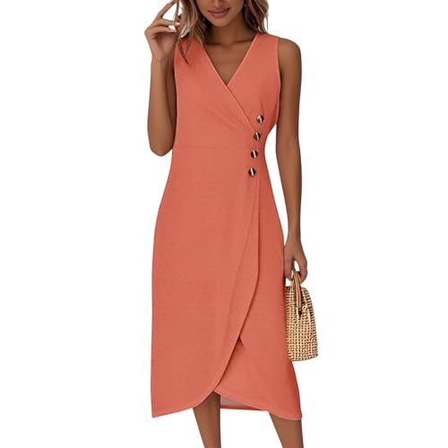 Midikleid Damen Elegant Ärmellos V Ausschnitt Sommerkleid Damen Lang A Linie Sommerkleider Leicht Und Luftig Midi Wickelkleid Sommer mit Knopfleiste Kleider Frauen Sommer Wickel Einfarbig von ZRYAZQ
