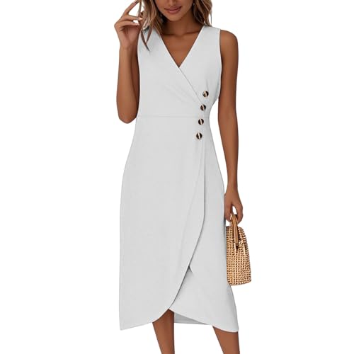 Midikleid Damen Elegant Ärmellos V Ausschnitt Sommerkleid Damen Lang A Linie Sommerkleider Leicht Und Luftig Midi Wickelkleid Sommer mit Knopfleiste Kleider Frauen Sommer Wickel Einfarbig von ZRYAZQ