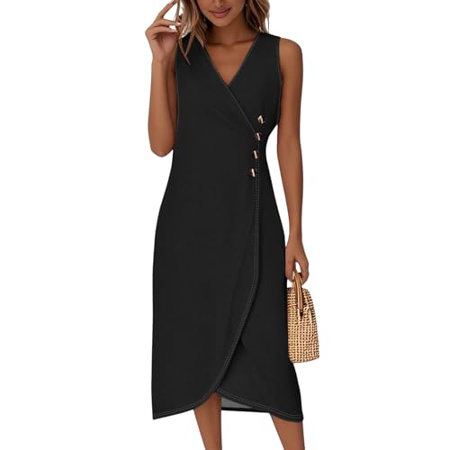 Midikleid Damen Elegant Ärmellos V Ausschnitt Sommerkleid Damen Lang A Linie Sommerkleider Leicht Und Luftig Midi Wickelkleid Sommer mit Knopfleiste Kleider Frauen Sommer Wickel Einfarbig von ZRYAZQ