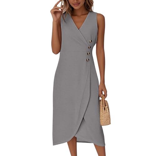 Midikleid Damen Elegant Ärmellos V Ausschnitt Sommerkleid Damen Lang A Linie Sommerkleider Leicht Und Luftig Midi Wickelkleid Sommer mit Knopfleiste Kleider Frauen Sommer Wickel Einfarbig von ZRYAZQ