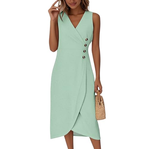 Midikleid Damen Elegant Ärmellos V Ausschnitt Sommerkleid Damen Lang A Linie Sommerkleider Leicht Und Luftig Midi Wickelkleid Sommer mit Knopfleiste Kleider Frauen Sommer Wickel Einfarbig von ZRYAZQ