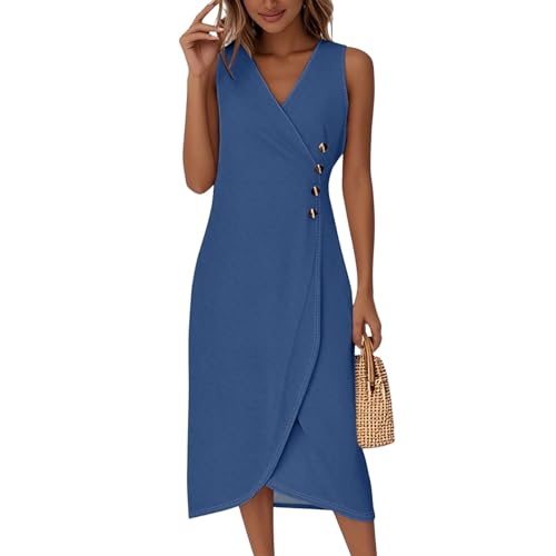 Midikleid Damen Elegant Ärmellos V Ausschnitt Sommerkleid Damen Lang A Linie Sommerkleider Leicht Und Luftig Midi Wickelkleid Sommer mit Knopfleiste Kleider Frauen Sommer Wickel Einfarbig von ZRYAZQ