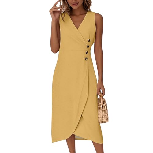 Midikleid Damen Elegant Ärmellos V Ausschnitt Sommerkleid Damen Lang A Linie Sommerkleider Leicht Und Luftig Midi Wickelkleid Sommer mit Knopfleiste Kleider Frauen Sommer Wickel Einfarbig von ZRYAZQ