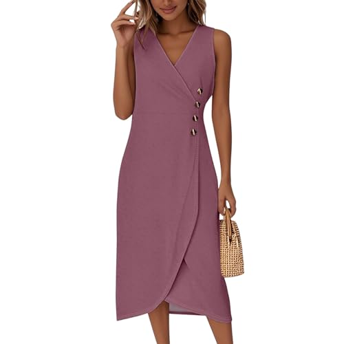 Midikleid Damen Elegant Ärmellos V Ausschnitt Sommerkleid Damen Lang A Linie Sommerkleider Leicht Und Luftig Midi Wickelkleid Sommer mit Knopfleiste Kleider Frauen Sommer Wickel Einfarbig von ZRYAZQ