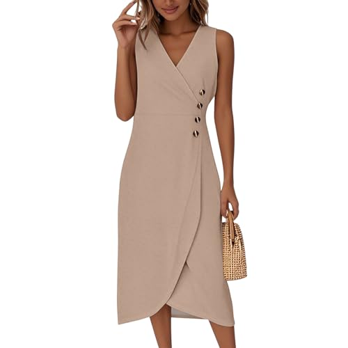 Midikleid Damen Elegant Ärmellos V Ausschnitt Sommerkleid Damen Lang A Linie Sommerkleider Leicht Und Luftig Midi Wickelkleid Sommer mit Knopfleiste Kleider Frauen Sommer Wickel Einfarbig von ZRYAZQ