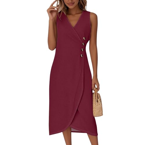 Midikleid Damen Elegant Ärmellos V Ausschnitt Sommerkleid Damen Lang A Linie Sommerkleider Leicht Und Luftig Midi Wickelkleid Sommer mit Knopfleiste Kleider Frauen Sommer Wickel Einfarbig von ZRYAZQ