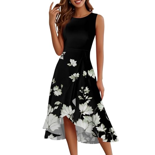 Midikleid Damen Elegant Blumen Ärmellos A Linie Sommerkleider Damen Leicht Und Luftig Sommerkleid Lang Rüschen Blumenkleid Vorne Kurz Hinten Lang Kleider Frauen Sommer Midi Floral Rundhals von ZRYAZQ