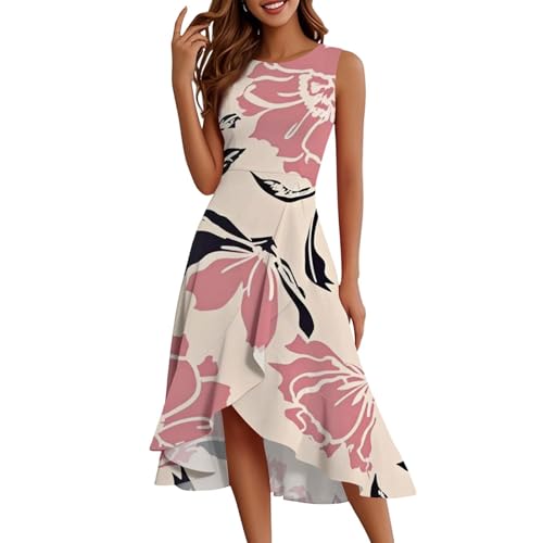 Midikleid Damen Elegant Blumen Ärmellos A Linie Sommerkleider Damen Leicht Und Luftig Sommerkleid Lang Rüschen Blumenkleid Vorne Kurz Hinten Lang Kleider Frauen Sommer Midi Floral Rundhals von ZRYAZQ