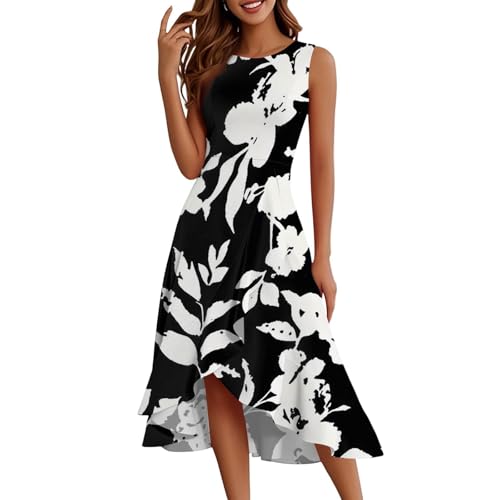 Midikleid Damen Elegant Blumen Ärmellos A Linie Sommerkleider Damen Leicht Und Luftig Sommerkleid Lang Rüschen Blumenkleid Vorne Kurz Hinten Lang Kleider Frauen Sommer Midi Floral Rundhals von ZRYAZQ