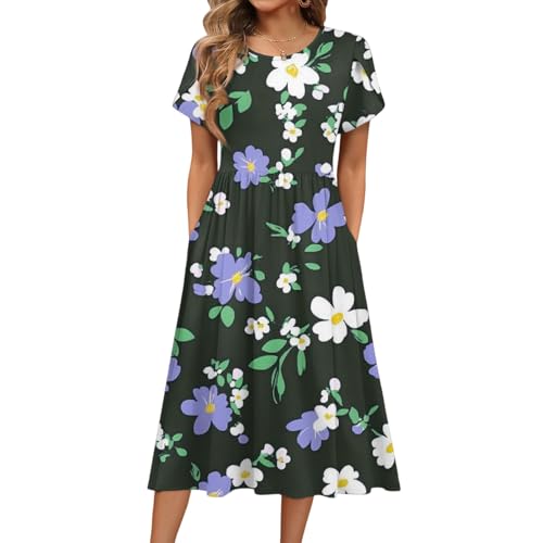 Midikleider Damen Sommer Elegant Blumen Sommerkleid Damen Lang A Linie mit Taschen Sommerkleider Leicht und Luftig Midi Italienische Kleider Sommer Floral Plissee Kleid Frauen Kurzarm Rundhals von ZRYAZQ
