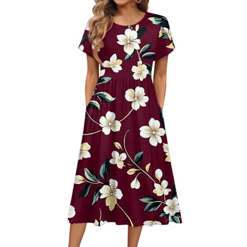 Midikleider Damen Sommer Elegant Blumen Sommerkleid Damen Lang A Linie mit Taschen Sommerkleider Leicht und Luftig Midi Italienische Kleider Sommer Floral Plissee Kleid Frauen Kurzarm Rundhals von ZRYAZQ