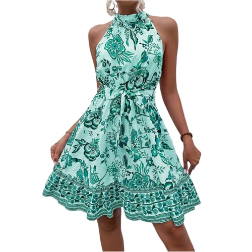 Neckholder Kleid Damen Sommer Knielang Boho Kleider Sommer Damen Elegant A Linie mit Gürtel Sommerkleid Ärmellos Rüschen Boho Sommerkleider Frauen Leicht Und Luftig Blumenkleid Schwingen von ZRYAZQ