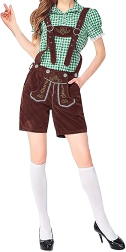 Oktoberfest Damen Outfit Hose Blusen 2 Teilig Trachtenhose Kurz Lederhose Damen Tracht Trachtenbluse Kariert Trachtenlederhose Frauen mit Träger Oktoberfest Kleidung Ink. Hosen und Oberteil von ZRYAZQ