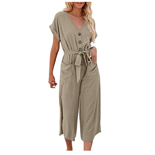 Overall Damen Sommer 7/8 Lang Jumpsuit Damen Sommer Elegant Weites Bein Kurzarm Playsuit V Ausschnitt mit Gürtel Knöpfe Romper Lang Baumwolle Leinen Jumpsuits Frauen mit Tasche Leicht Einteiler von ZRYAZQ