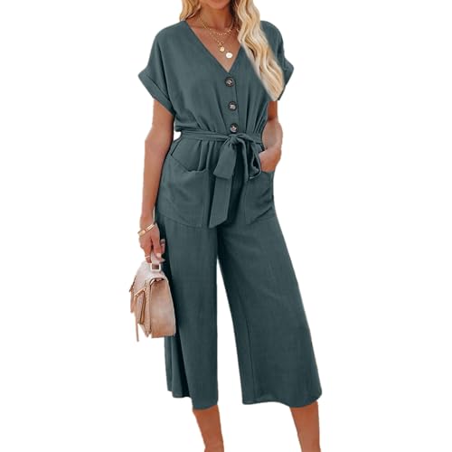 Overall Damen Sommer 7/8 Lang Jumpsuit Damen Sommer Elegant Weites Bein Kurzarm Playsuit V Ausschnitt mit Gürtel Knöpfe Romper Lang Baumwolle Leinen Jumpsuits Frauen mit Tasche Leicht Einteiler von ZRYAZQ