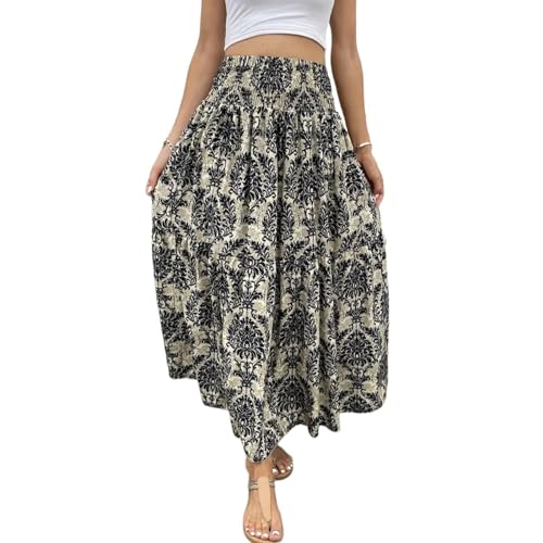 Rock Damen Lang Sommer Boho Röcke für Damen Sommer Blumen Maxirock Lang Boho Hohe Taille Sommerrock Leicht und Luftig Maxi Skirt Elegant Gummizug Langer Rock Frauen A Linie Geblümt Damenrock von ZRYAZQ