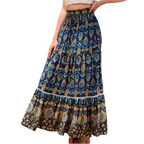 Rock Damen Lang Sommer Boho Röcke für Damen Sommer Blumen Maxirock Lang Boho Hohe Taille Sommerrock Leicht und Luftig Maxi Skirt Elegant Gummizug Langer Rock Frauen A Linie Geblümt Damenrock von ZRYAZQ