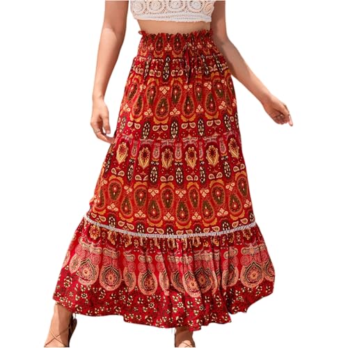 Rock Damen Lang Sommer Boho Röcke für Damen Sommer Blumen Maxirock Lang Boho Hohe Taille Sommerrock Leicht und Luftig Maxi Skirt Elegant Gummizug Langer Rock Frauen A Linie Geblümt Damenrock von ZRYAZQ