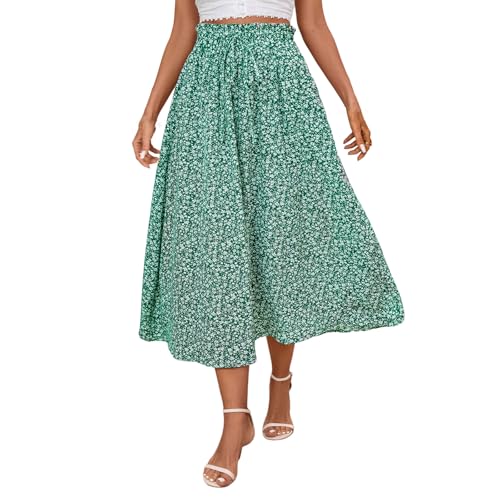 Rock Damen Midi Geblümt Boho Röcke Damen Sommer Lang A Linie Gummizug Sommerrock Leicht und Luftig Midirock Bohemian Elegant Blumen Skirt Frauen High Waist mit Kordelzug Damenrock Casual von ZRYAZQ