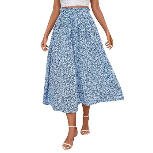 Rock Damen Midi Geblümt Boho Röcke Damen Sommer Lang A Linie Gummizug Sommerrock Leicht und Luftig Midirock Bohemian Elegant Blumen Skirt Frauen High Waist mit Kordelzug Damenrock Casual von ZRYAZQ