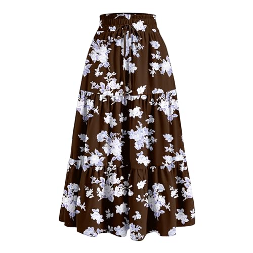 Rock Damen Sommer Lang Elegant Rüschen Sommerrock Damen Leicht Und Luftig Midi Skirt Langer Röcke Sommer mit Gummizug Boho Midirock A Linie Blumen Sommerröcke Frauen Geblümt mit Kordelzug von ZRYAZQ